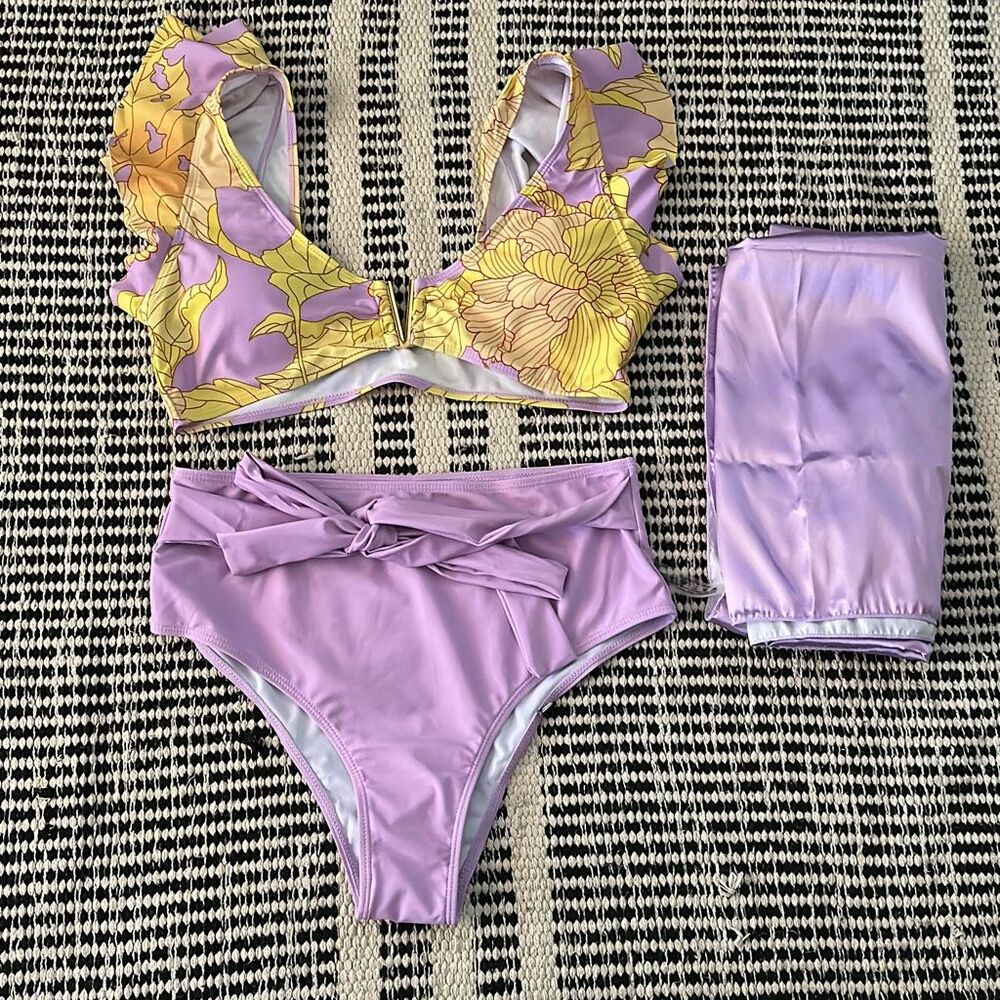 Size Medium Purple & yellow 3 piece swimsuit NWOT